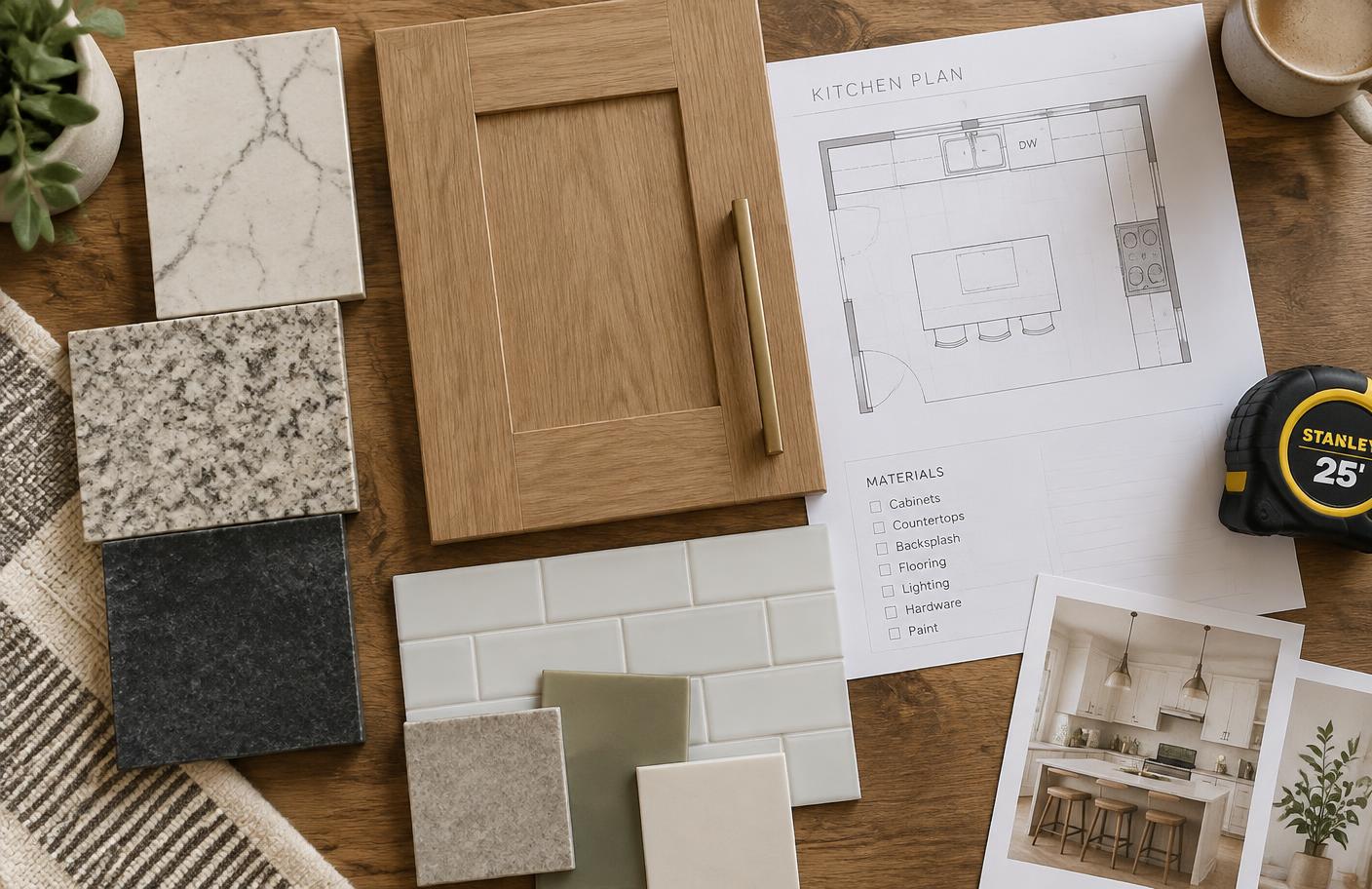 Kitchen remodel samples, floor plan and tape measure laid out on a table