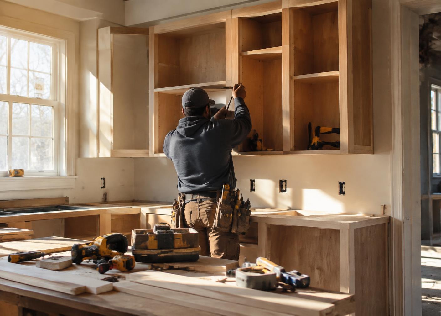 Carpenter installing custom cabinetry during a renovation